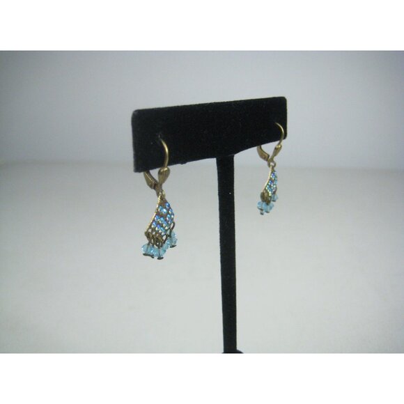 Vintage Blue Rhinestone Bead Dangle Earrings Chandelier Boho Victorian Style - Picture 5 of 7
